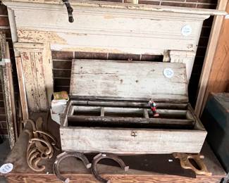 GREAT ANTIQUE MANTLE, TOOL CHEST & MORE