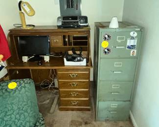 ROLL TOP DESK, METAL FILE CABINET