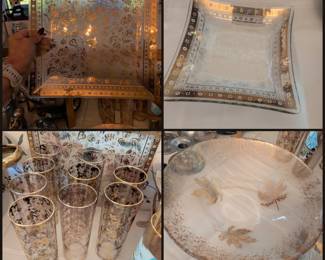 MID-CENTURY GOLD RUSH ✨ They don't make glass like this anymore! Coming to our Escondido estate sale: 🥂 Georges Briard "Persian Garden" serving tray with its matching dish — his most famous design, all gold birds, blooms, and little snails on frosted glass 🍹 A set of NINE gold tortoise-spatter Collins glasses — your bar cart is begging for these 🥗 A big gold-fleck salad bowl scattered with golden leaves BFF Estate Sales — Escondido 📅 October 23, 24 & 25 Come find your treasure!