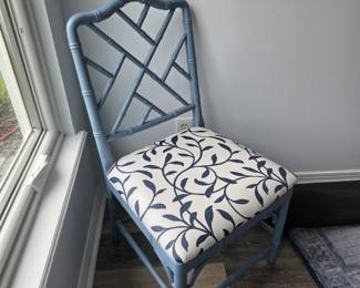 Blue Chippendale-style faux bamboo side chair with leaf print seat