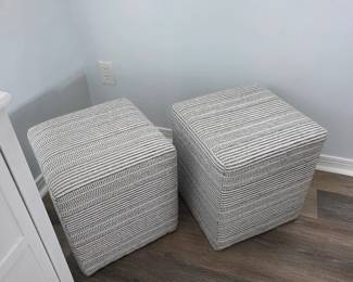 Pair of gray and white striped upholstered cube ottomans