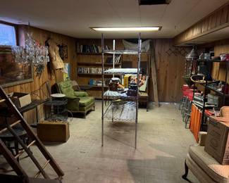 Vintage chandelier, ladder, books, furniture