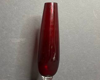 Mid-Century Modern Ruby Red Bud Vase with Clear Air Twist Stem