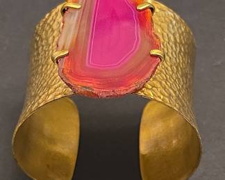 Pink Agate Slice Cuff Bracelet - Brass Adjustable Bangle