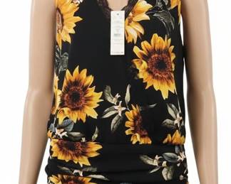 White House Black Market Sunflower Print Lace-Trim Surplice Top
