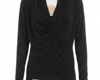 Carmen Marc Valvo Black Drape-Front Top with Studded Sleeves