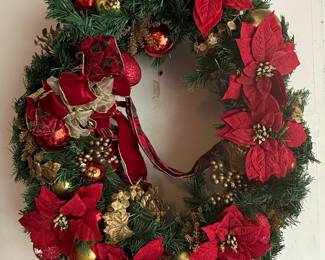 Artificial Poinsettia and Ornament Christmas Wreath