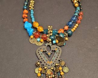 Bohemian Multi-Strand Coin Pendant Necklace with Enamel Accents