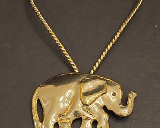 Vintage Gold-Tone Elephant Pendant Brooch with Twisted Chain, Made in Mexico