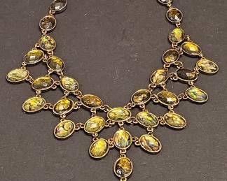 Vintage Gold-Tone Filigree Bib Necklace with Iridescent Glass Stones