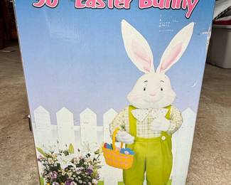 Vintage 36" Standing Easter Bunny Boy with Basket, Green Overalls, Plaid Shirt, Bow Tie - Kmart
