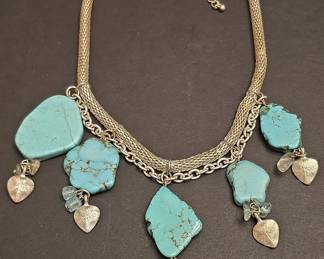 Chunky Turquoise Slab and Heart Charm Statement Necklace