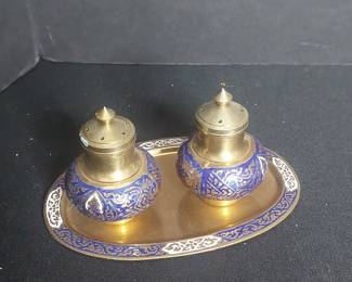 Vintage Thai Brass Blue Enamel Salt & Pepper Shaker Set with Tray