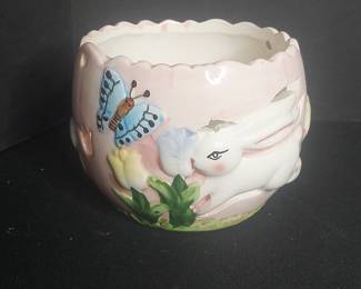 Vintage Easter Egg Planter with Bunny and Butterfly