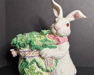Vintage Ceramic Rabbit and Cabbage Cookie Jar
