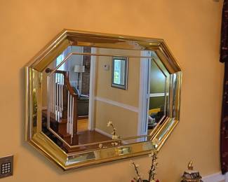 Vintage Octagonal Beveled Wall Mirror with Gold Tone Frame, Hollywood Regency Style