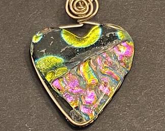 Dichroic Glass Heart Pendant with Gold-Tone Wire Wrap
