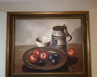 Still Life with Fruit and Stoneware Jug by F. Kraft