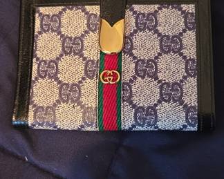 Vintage Gucci GG Monogram Navy Blue Canvas Long Bifold Wallet with Red Navy Web Stripe