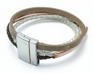 Multi-Strand Faux Leather, Braided Cord, and Faceted Glass Bead Bracelet with Magnetic Clasp