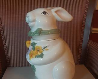 Ceramic Easter Bunny Cookie Jar with Flowers and Green Scarf