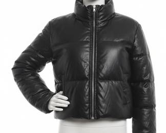Women's Black Faux Leather Puffer Jacket