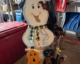 Wooden Ghost, Pumpkin, and Black Cat Porch Greeter