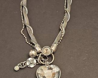 Multi-Strand Silver-Tone Heart Charm Necklace with Crystal Pendant