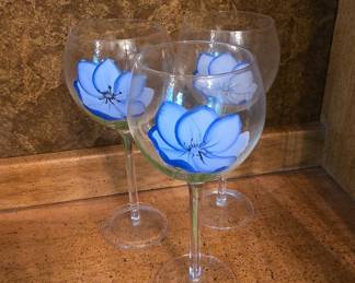 Hand-Painted Blue Floral Balloon Wine Glasses