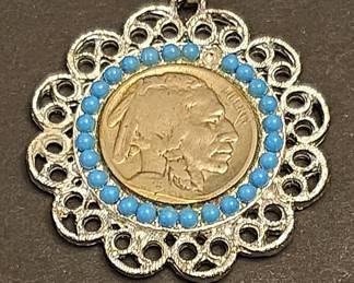Buffalo Nickel Coin Pendant with Turquoise Bezel and Filigree Setting