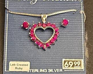 Sterling Creations Lab-Created Ruby Heart Pendant and Stud Earrings Set