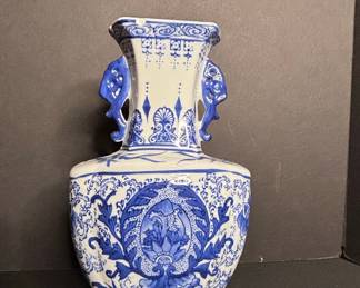 Blue and White Chinoiserie Ceramic Vase with Handles
