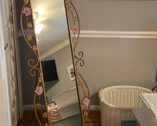 Vintage Gold Metal Floor Mirror with Pink Floral Accents
