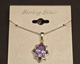 Sterling Silver and Marcasite Amethyst Pendant Necklace