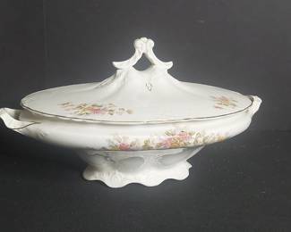 Edwin M. Knowles Semi-Vitreous Covered Vegetable Tureen with Pink Floral Design