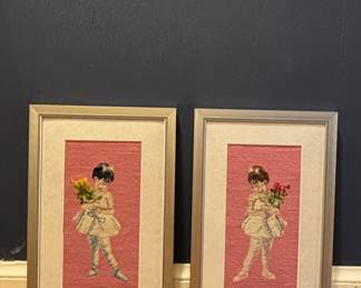 Pair of Framed Ballerina Cross-Stitch Needlework