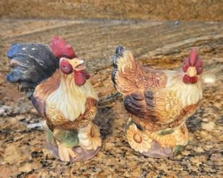 Vintage Ceramic Rooster and Hen Salt and Pepper Shakers with Sunflower Accents