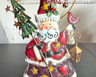 Metal Santa Claus Figurine with Tree and Lantern