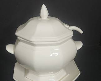 Vintage Octagonal White Ceramic Soup Tureen Set with Ladle and Underplate - Made in Japan
