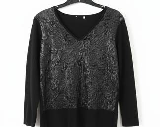 Black V-Neck Sweater with Textured Floral Appliquรฉ and Lace Sleeves