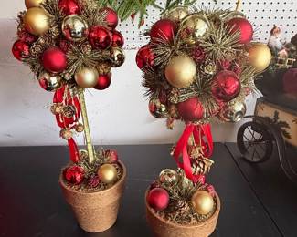 Pair of Red and Gold Ornament Topiary Trees
