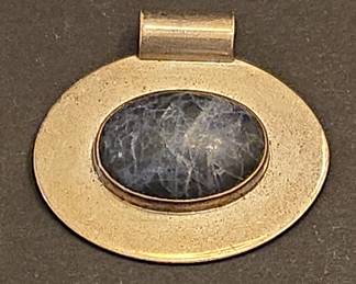 Sterling Silver and Blue Sodalite Oval Pendant - Taxco Style