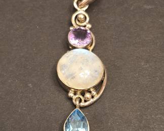 SJ Sterling Silver Multi-Gemstone Pendant with Amethyst, Moonstone, and Blue Topaz
