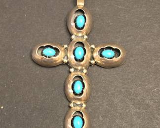 Native American Zuni Sterling Silver and Turquoise Cross Pendant