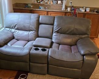 Contemporary Grey Leather Dual-Reclining Loveseat with Center Console