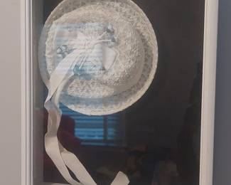 Vintage Miniature Straw Bonnet Shadow Box with Ribbon and Floral Accents