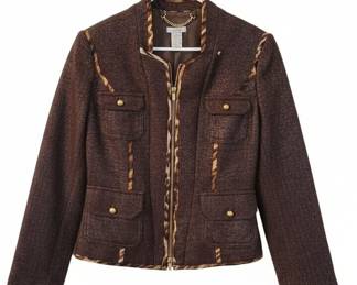 Cache Brown Tweed Jacket with Animal Print Trim and Gold Chain Accent