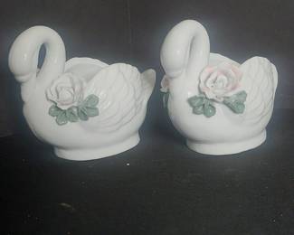 Pair of Porcelain Swan Planters with Applied Roses
