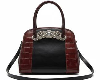 Brighton Chantilly Black & Brown Croc Leather Crossbody Satchel
