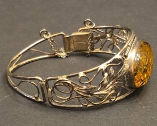 Vintage Baltic Amber and Sterling Silver Leaf Motif Hinged Bangle Bracelet